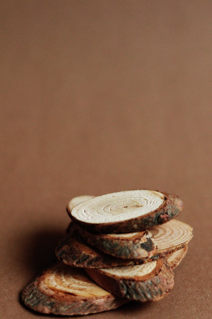 services-03 Close-up of stacked wooden slices on a textured brown backdrop, highlighting natural texture.